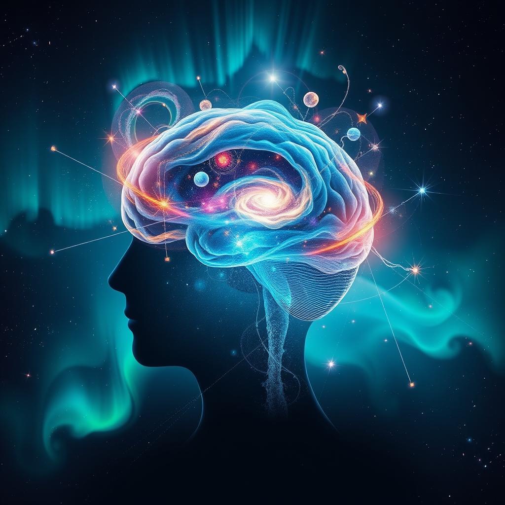 An imaginative depiction of the human mind's power, showcasing a human profile with a universe unfolding from the brain