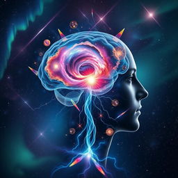 An imaginative depiction of the human mind's power, showcasing a human profile with a universe unfolding from the brain