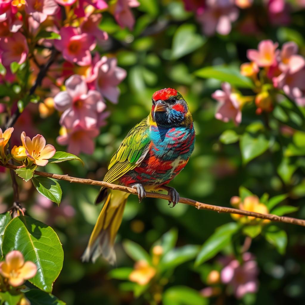 A beautiful bird perched delicately on a flowering branch, surrounded by a riot of colorful blossoms and rich greenery