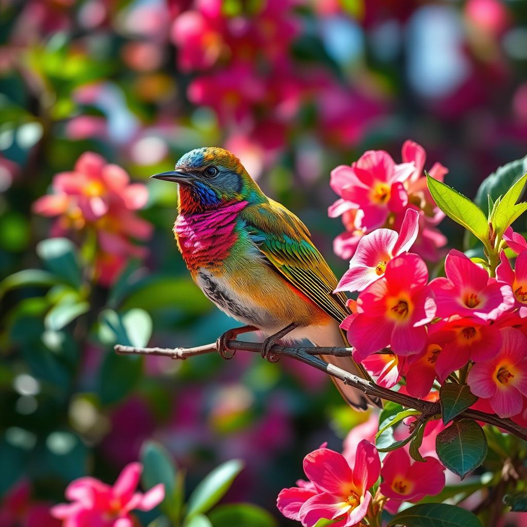 A beautiful bird perched delicately on a flowering branch, surrounded by a riot of colorful blossoms and rich greenery