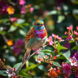 A beautiful bird perched delicately on a flowering branch, surrounded by a riot of colorful blossoms and rich greenery