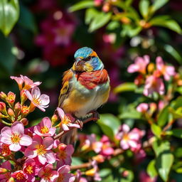 A beautiful bird perched delicately on a flowering branch, surrounded by a riot of colorful blossoms and rich greenery