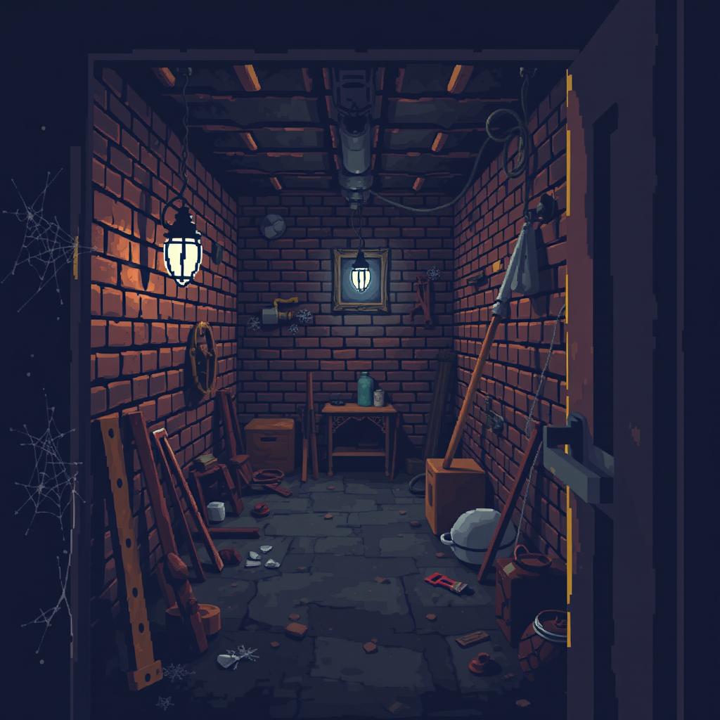 A pixel art style scene depicting a creepy basement from a diagonal overhead angle, as if peeking through an open door