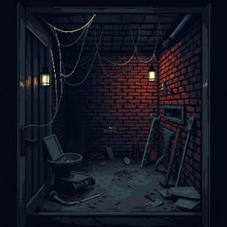 A pixel art style scene depicting a creepy basement from a diagonal overhead angle, as if peeking through an open door