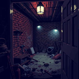 A pixel art style scene depicting a creepy basement from a diagonal overhead angle, as if peeking through an open door