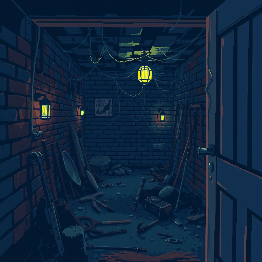 A pixel art style scene depicting a creepy basement from a diagonal overhead angle, as if peeking through an open door