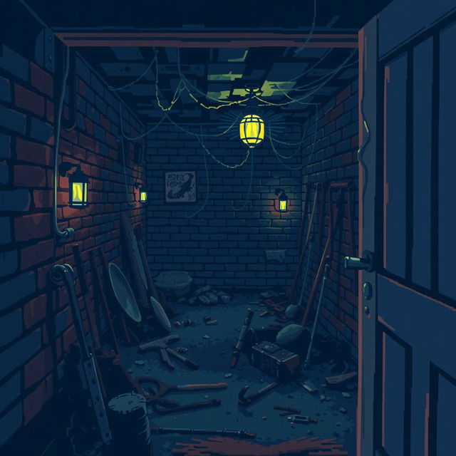 A pixel art style scene depicting a creepy basement from a diagonal overhead angle, as if peeking through an open door