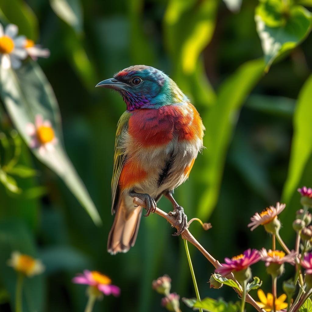 A majestic bird gracefully perched on a delicate branch, surrounded by an array of colorful wildflowers and vibrant green leaves