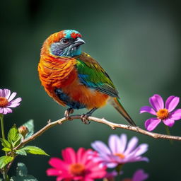 A majestic bird gracefully perched on a delicate branch, surrounded by an array of colorful wildflowers and vibrant green leaves