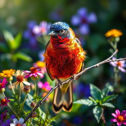 A majestic bird gracefully perched on a delicate branch, surrounded by an array of colorful wildflowers and vibrant green leaves