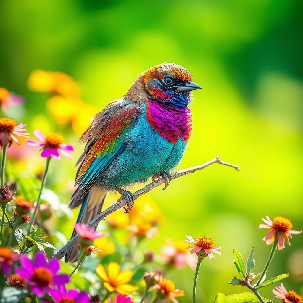 A majestic bird gracefully perched on a delicate branch, surrounded by an array of colorful wildflowers and vibrant green leaves