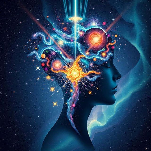 A conceptual illustration of the power of the human mind, depicting a profile of a head with a cascading cosmos of stars, galaxies, and colorful nebulae flowing from within