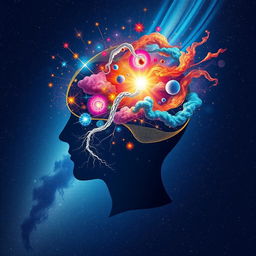 A conceptual illustration of the power of the human mind, depicting a profile of a head with a cascading cosmos of stars, galaxies, and colorful nebulae flowing from within