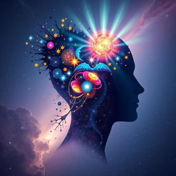 A conceptual illustration of the power of the human mind, depicting a profile of a head with a cascading cosmos of stars, galaxies, and colorful nebulae flowing from within