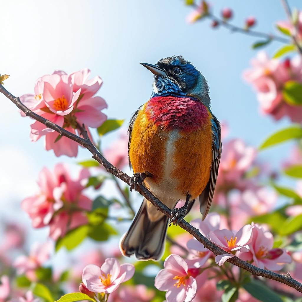 A captivating bird elegantly perched on a slender branch, surrounded by a stunning array of blooming flowers and lush greenery