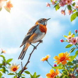 A captivating bird elegantly perched on a slender branch, surrounded by a stunning array of blooming flowers and lush greenery