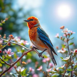 A captivating bird elegantly perched on a slender branch, surrounded by a stunning array of blooming flowers and lush greenery