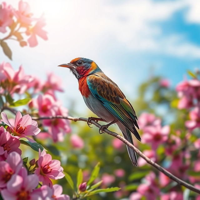 A captivating bird elegantly perched on a slender branch, surrounded by a stunning array of blooming flowers and lush greenery