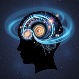 A visionary depiction of the power of the human mind, featuring a silhouette of a human head with an intricate universe within