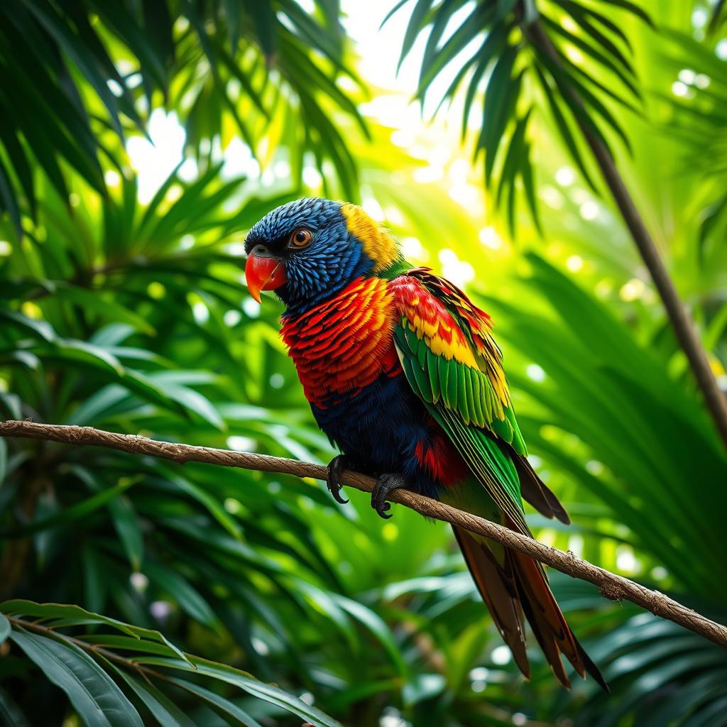 A vibrant bird gracefully resting on a slender vine, surrounded by a lush, dense canopy of tropical foliage