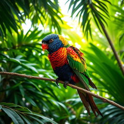 A vibrant bird gracefully resting on a slender vine, surrounded by a lush, dense canopy of tropical foliage