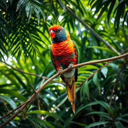 A vibrant bird gracefully resting on a slender vine, surrounded by a lush, dense canopy of tropical foliage