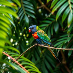 A vibrant bird gracefully resting on a slender vine, surrounded by a lush, dense canopy of tropical foliage