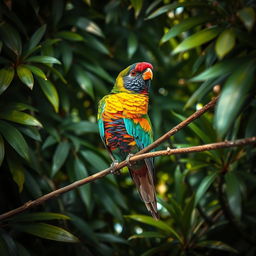 A vibrant bird gracefully resting on a slender vine, surrounded by a lush, dense canopy of tropical foliage