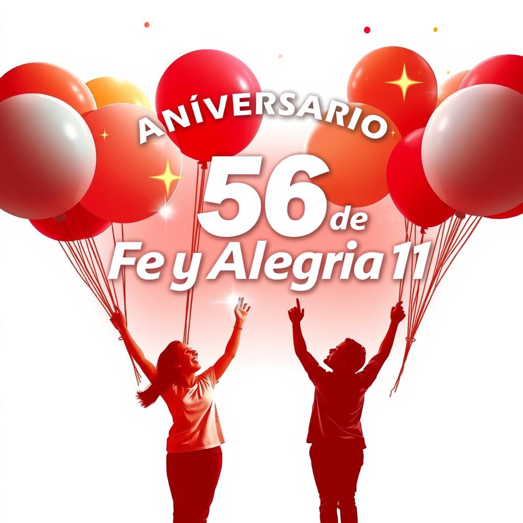 Un asombroso póster horizontal en español para el 56º aniversario de "Fe y Alegría 11", con un vibrante fondo rojo y blanco