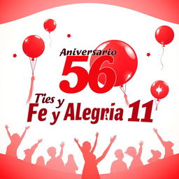 Un asombroso póster horizontal en español para el 56º aniversario de "Fe y Alegría 11", con un vibrante fondo rojo y blanco