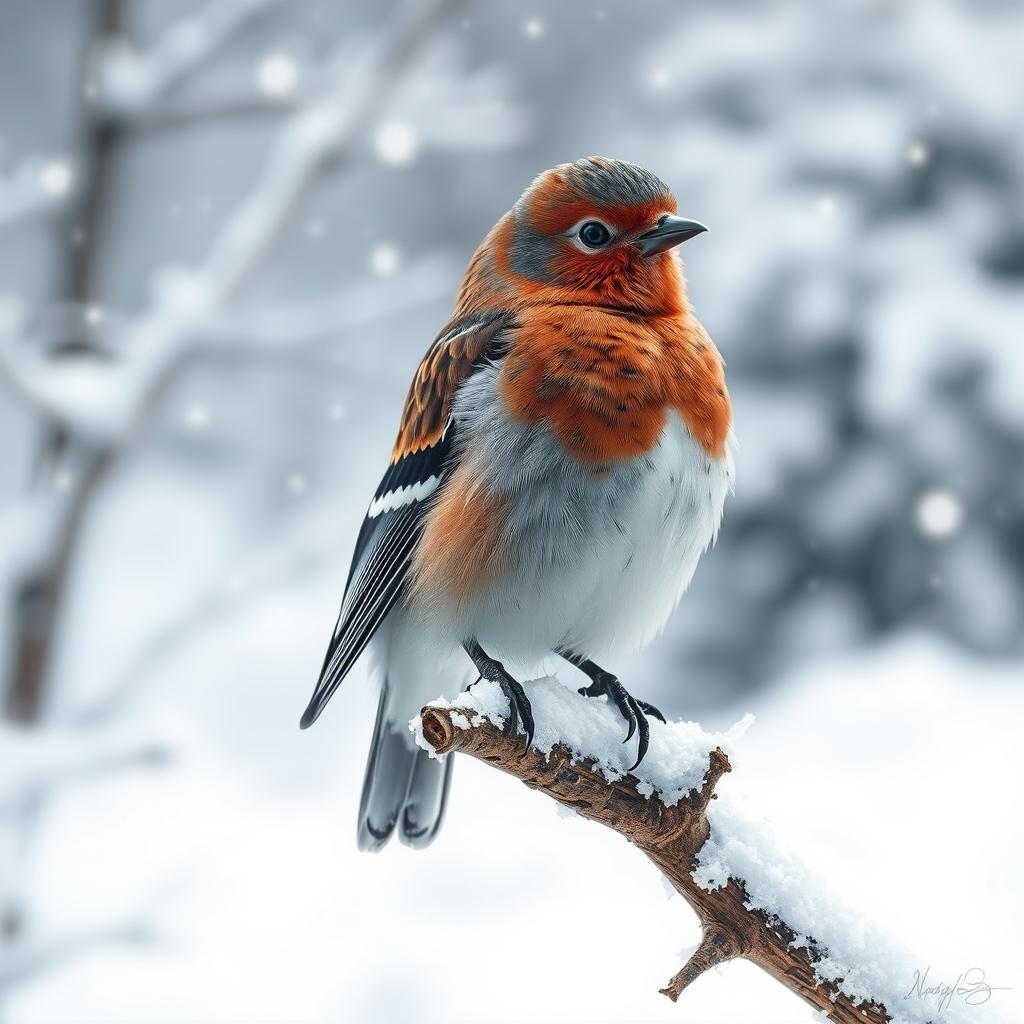 A beautiful bird perched on a snow-covered branch, surrounded by a wintry landscape