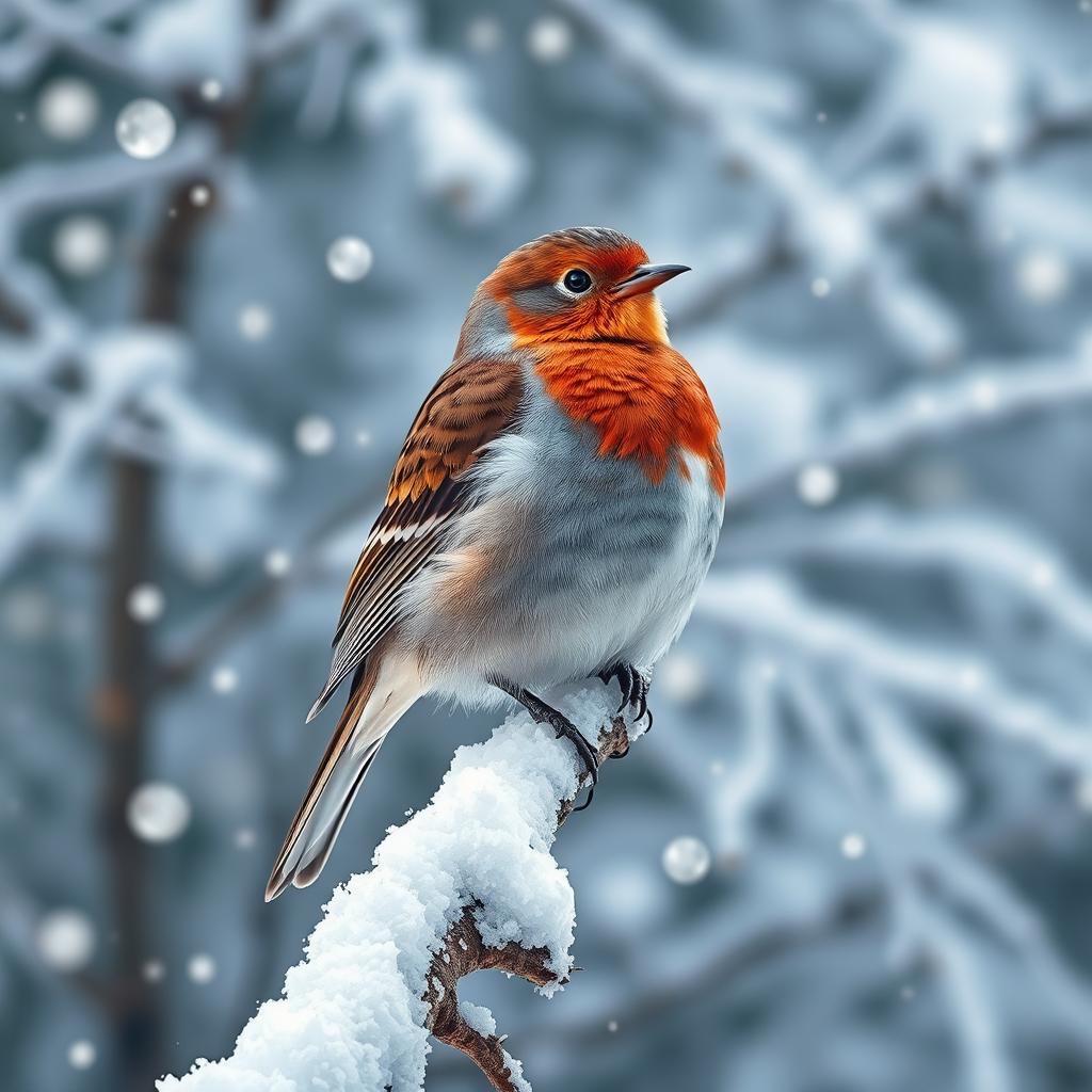 A beautiful bird perched on a snow-covered branch, surrounded by a wintry landscape