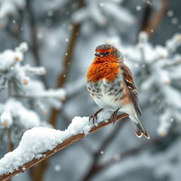 A beautiful bird perched on a snow-covered branch, surrounded by a wintry landscape