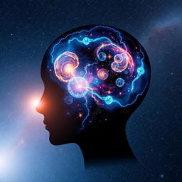 An artistic representation of the power of the human mind, featuring a head silhouette from which a vibrant universe emanates
