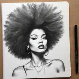 A black and white sketch-style graffiti drawing in an art book, featuring a woman with a bold Afro hairstyle, displaying a raw and roughened charm.