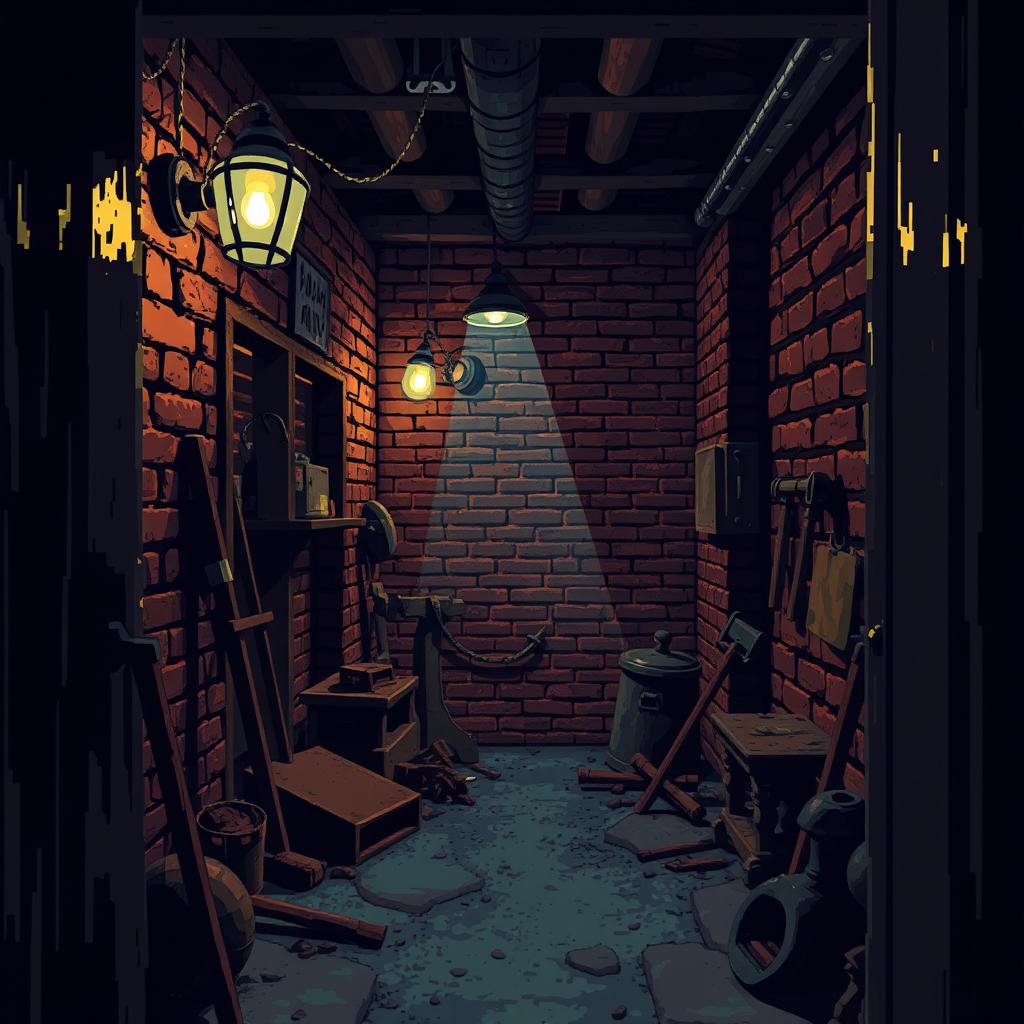 A pixel art style scene of a creepy basement viewed from a diagonal overhead angle, as if peeking through an open door