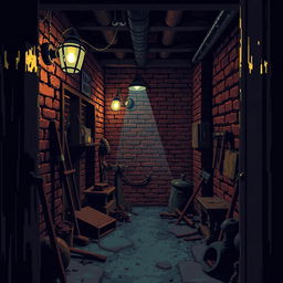 A pixel art style scene of a creepy basement viewed from a diagonal overhead angle, as if peeking through an open door