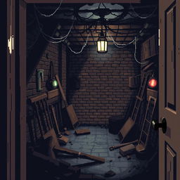 A pixel art style scene of a creepy basement viewed from a diagonal overhead angle, as if peeking through an open door