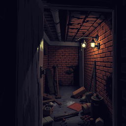 A pixel art style scene of a creepy basement viewed from a diagonal overhead angle, as if peeking through an open door