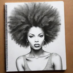 A black and white sketch-style graffiti drawing in an art book, featuring a woman with a bold Afro hairstyle, displaying a raw and roughened charm.