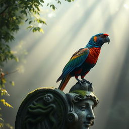 A majestic bird with vibrant plumage perched on an ancient, weathered statue, surrounded by a misty forest