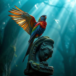 A majestic bird with vibrant plumage perched on an ancient, weathered statue, surrounded by a misty forest