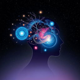 A creative visualization of the power of the human mind, featuring a silhouette of a head with an imaginative universe expanding from it