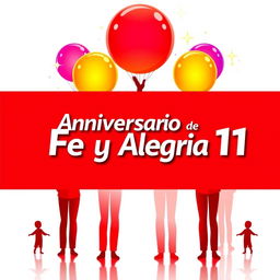 Un increíble póster horizontal en español para conmemorar el 56º aniversario de "Fe y Alegría 11", con un llamativo fondo rojo y blanco