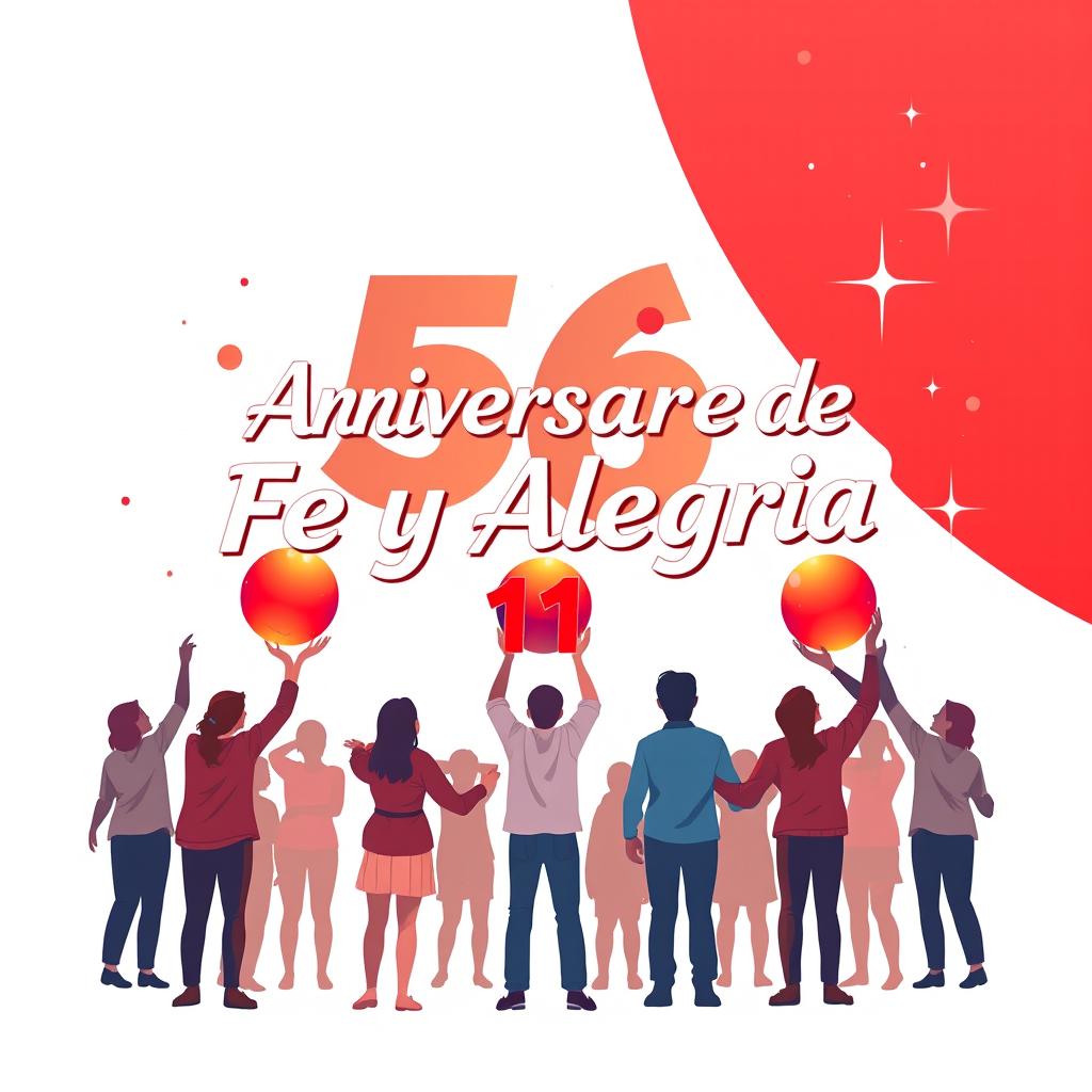 Un increíble póster horizontal en español para conmemorar el 56º aniversario de "Fe y Alegría 11", con un llamativo fondo rojo y blanco