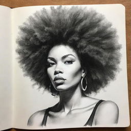 A black and white sketch-style graffiti drawing in an art book, featuring a woman with a bold Afro hairstyle, displaying a raw and roughened charm.