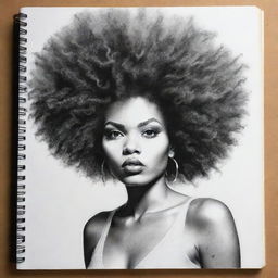 A black and white sketch-style graffiti drawing in an art book, featuring a woman with a bold Afro hairstyle, displaying a raw and roughened charm.