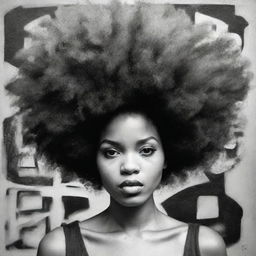 A woman with a large Afro hairstyle, represented in a rough sketch-style, black and white graffiti art, resonating an art-book vibe with unpolished charm.