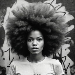 A woman with a large Afro hairstyle, represented in a rough sketch-style, black and white graffiti art, resonating an art-book vibe with unpolished charm.