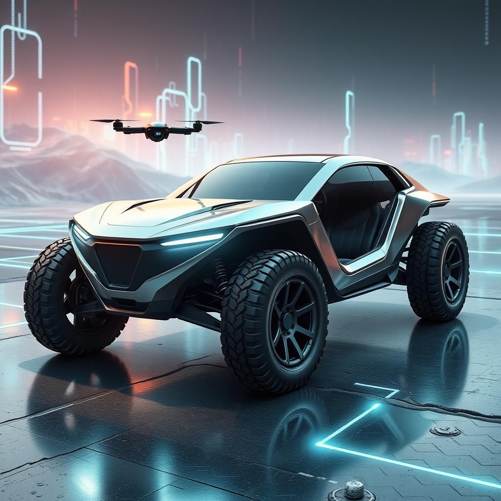 A super futuristic off-road car with sleek, aerodynamic lines and an innovative design